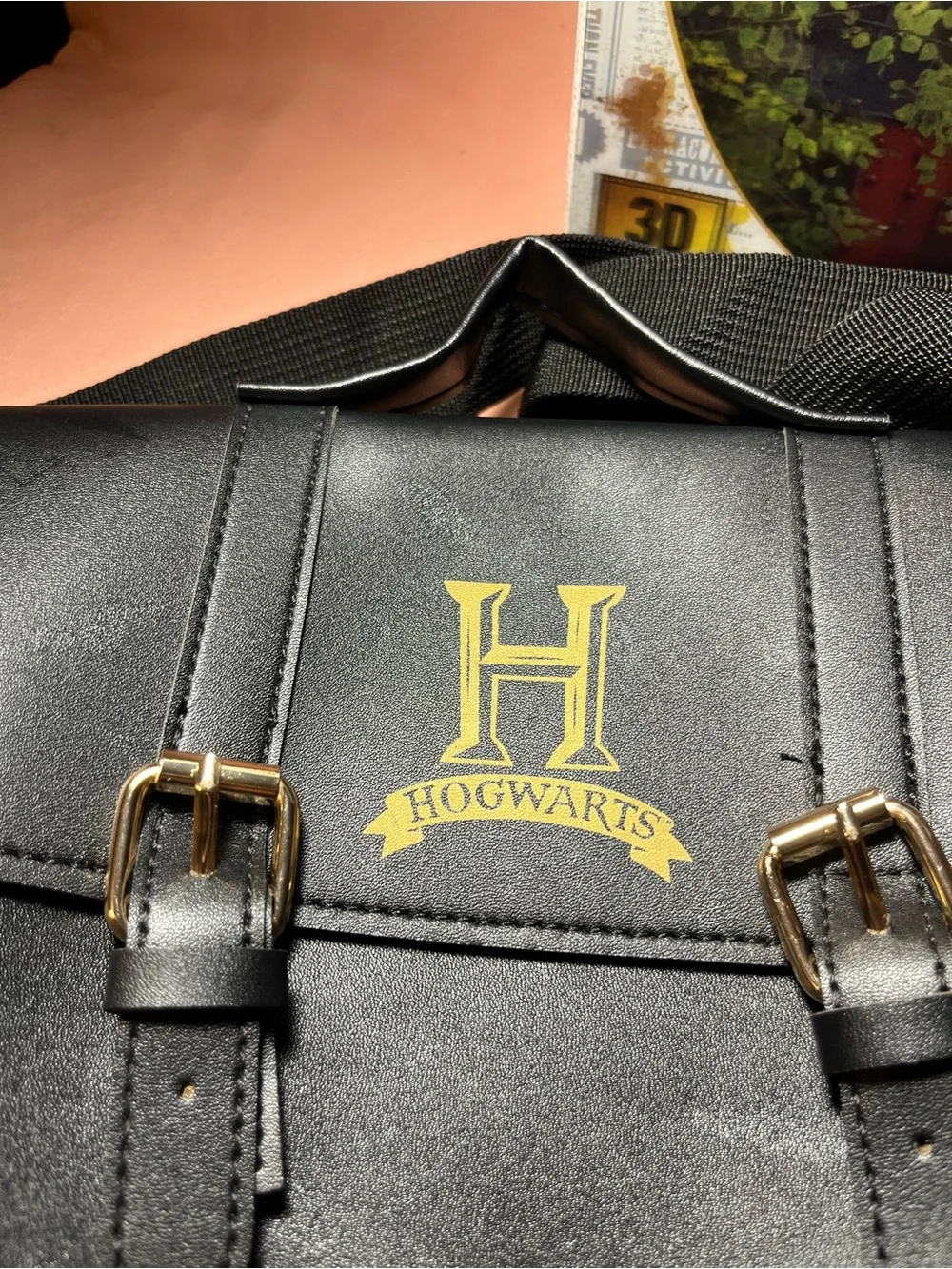 Hogwarts Black Crossbody Satchel Bag with Gold Emblem & 3D puzzle
